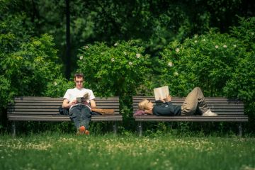 Couple sitting and reading a book on a bench in a public park in summer Couple sitting and reading a book on a bench in a public park in summer