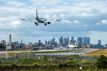 An airplane landing at London City Airport