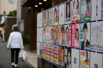Woman walks past election posters Woman walks past election posters