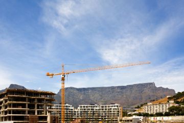 Table Mountain behind a construction site in Cape Town, South Africa