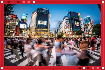 Fisheye view of crowds of people at the famous Shibuya Crossing, Japan. To illustrate paradigm shift needed in Japan’s higher education
