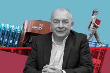 John Latham, vice-chancellor of Coventry University, with the campus in the background sinking in to the red and Rachel Reeves walking away. To illustrate that universities can't rely on government funding according to Latham. John Latham, vice-chancellor of Coventry University, with the campus in the background sinking in to the red and Rachel Reeves walking away. To illustrate that universities can't rely on government funding according to Latham.