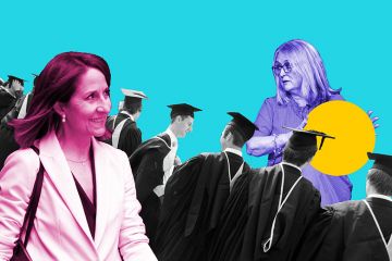 Liz Kendall (left) and Jacqui Smith (right) with graduates in between them. To illustrate universities being left as ‘piggy in the middle’ after skills reshuffle.