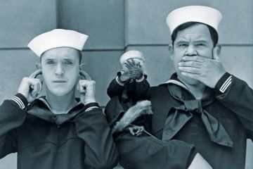 Laurel and Hardy with monkey, see no evil, hear no evil, speak no evil