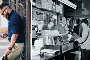 Man listening to music on smartphone/people buying vinyl records instore
