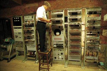 Man recreating Tom Kilburn's computer, The Baby, Manchester Science Museum Man recreating Tom Kilburn's computer, The Baby, Manchester Science Museum
