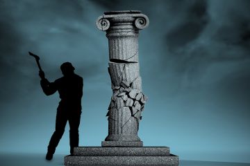 Man swinging axe at classical column. To illustrate possible harm to universities from cuts