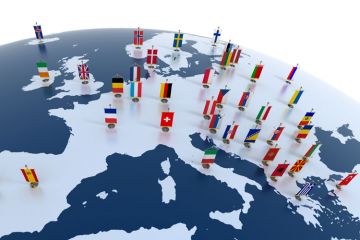 Map of Europe with flag pins on countries Map of Europe with flag pins on countries