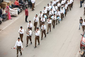Member of rashtriya swayamsevak Sangh or rss workers take a part in a route march on 12th january 2020, in Jodhpur, Rajasthan.