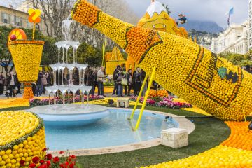 Menton, France - February 18, 2012 the Lemon Festival (Fête du Citron) is an occasion for creating sculptures made of lemons and oranges, that are exhibited in a public space. The Lemon Festival 2012 was dedicated to famous places and monuments of France.