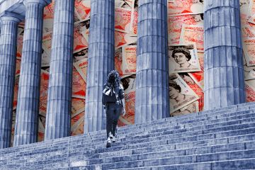 Student walking up university steps with piles of money behind columns. To illustrate university students being used as money mules for organised crime.