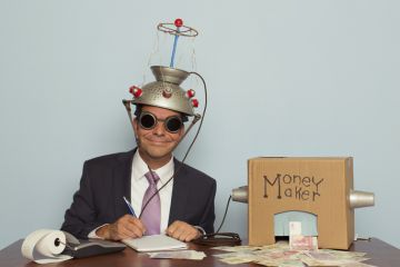 A suited figure with a money making machine, illustrating politician's focus on the commercial value of research