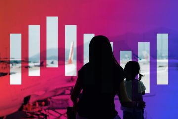 Mother and child watching as aeroplane departs
