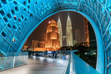 Night view of the Petronas Twin Towers through Saloma Link Bridge. Awesome Kuala Lumpur skyline