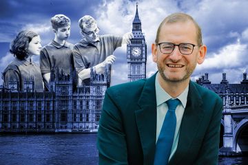 Paul Kett, vice-chancellor of London South Bank University, with Houses of Parliament and teenagers learning skills in the background.