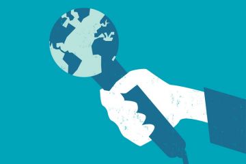 Person holding world globe microphone (illustration) Person holding world globe microphone (illustration)