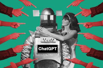 Woman hugging a robot while accusing fingers point at them. To illustrate that despite warnings against the use of AI, it has an ability to enhance research in all subjects.