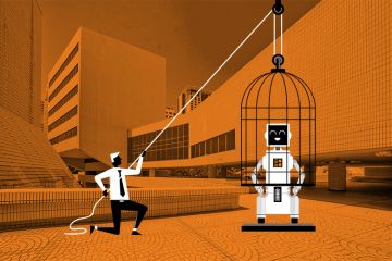 Illustration of man lifting cage from robot with university building in background. To illustrate disagreement in universities about whether AI tools should be prohibited, permitted or encouraged Illustration of man lifting cage from robot with university building in background. To illustrate disagreement in universities about whether AI tools should be prohibited, permitted or encouraged
