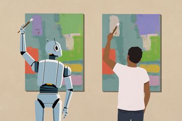 Illustration of a humanoid robot painting same artwork as man, with slight differences. As an illustration of submissions from spurious authors consisting of previously published papers altered by AI Illustration of a humanoid robot painting same artwork as man, with slight differences. As an illustration of submissions from spurious authors consisting of previously published papers altered by AI