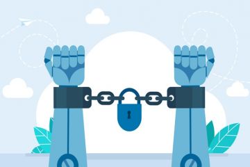 A robot's hands shackled, illustrating restrictions on AI use