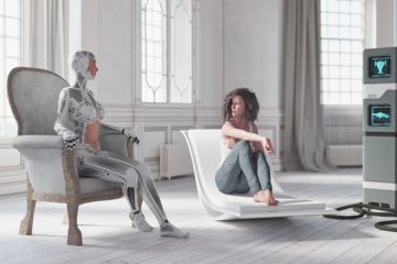 A robot talks to someone on a couch, illustrating AI's therapeutic use A robot talks to someone on a couch, illustrating AI's therapeutic use