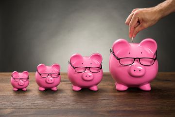 Row of increasing-sized pink piggy banks Row of increasing-sized pink piggy banks