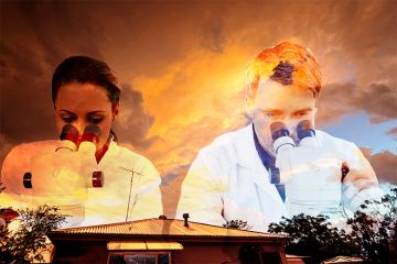Storm rain clouds above house roof in Australia, superimposed with scientists using microscopes. To illustrate Australia’s blue research skies clouding over.