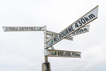 Sign at South Australia’s southernmost point, Port Macdonnell, showing the distances to various cities and the South Pole 
