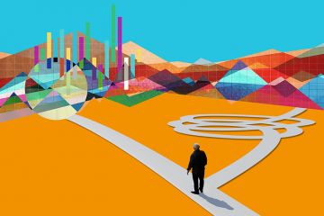 Person choosing a simple path over a complex one, with a data landscape in the background. To illustrate the simplifying the World University Rankings. Person choosing a simple path over a complex one, with a data landscape in the background. To illustrate the simplifying the World University Rankings.