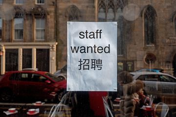 Staff Wanted, notice in English and Chinese in the window of a restaurant in Edinburgh, Scotland, UK. To illustrate that regional data is needed to help align foreign student flows with local needs.