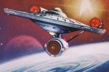 A postage stamp featuring the Starship Enterprise, illusteating the launch of Adelaide University