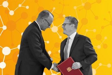 Britain’s prime minister Keir Starmer (R) and German chancellor Friedrich Merz (L) shake hands during a ceremony for the signing of a bilateral cooperation treaty in London, 17 July 2025, with science network background illustrating research collaboration