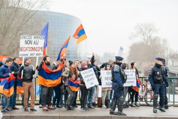 Strasbourg, France - January 28, 2015 Armenian diaspora demonstrates near European Court of HR before the Perincek vs. Switzerland case begin. Armenian government was represented by Amal Clooney
