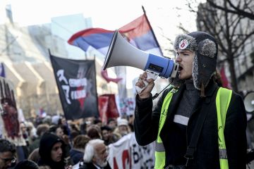 People gather to stage a protest due to government's pressure on education employees, who halted work in solidarity with the demands of students in blockade, in front of the Ministry of Education headquarters in Belgrade, Serbia on 5 February 2025. People gather to stage a protest due to government's pressure on education employees, who halted work in solidarity with the demands of students in blockade, in front of the Ministry of Education headquarters in Belgrade, Serbia on 5 February 2025.