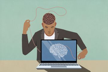 Student with brain unravelling in to a brain on a computer screen. To illustrate the increased use of AI by students, outsourcing their brain to the internet. Student with brain unravelling in to a brain on a computer screen. To illustrate the increased use of AI by students, outsourcing their brain to the internet.