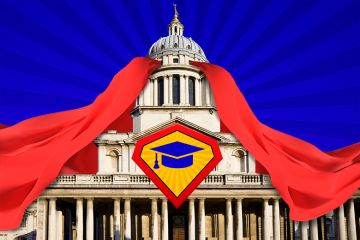 The Old Royal Naval College building, University of Greenwich, represented as a superhero wearing a cape. As an illustration of a superuniversity.