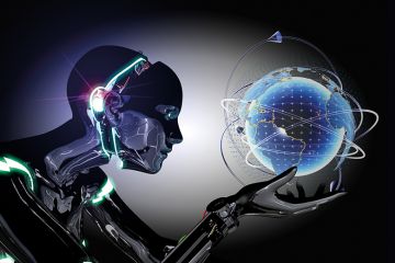 Futuristic robot searching location on the globe.