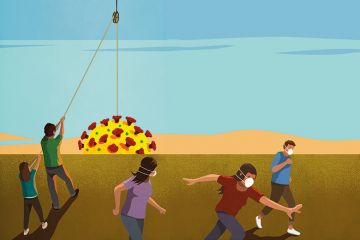 Illustration of people pulling up the sun / Covid-19 virus whilst others are running away