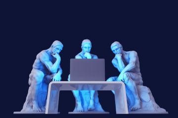 Three thinker statues stare at a computer screen