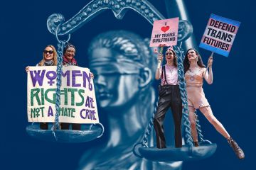 Montage of defenders of women's rights and transgender activists on the scales of justice. As an illustration that many UK universities’ trans inclusion policies contravene equality law. Montage of defenders of women's rights and transgender activists on the scales of justice. As an illustration that many UK universities’ trans inclusion policies contravene equality law.