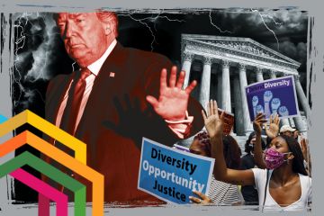 Montage of Donald Trump, people holding placards for diversity and the Supreme Court in the US. To illustrate attacks on diversity Montage of Donald Trump, people holding placards for diversity and the Supreme Court in the US. To illustrate attacks on diversity