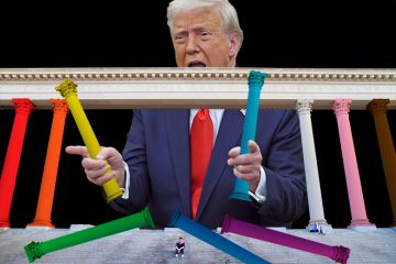 Donald Trump pulling apart columns from the Widener Library at Harvard painted in LGBT colours. To illustrate the president’s crackdown on EDI. Donald Trump pulling apart columns from the Widener Library at Harvard painted in LGBT colours. To illustrate the president’s crackdown on EDI.