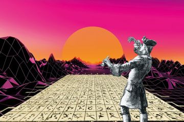 Montage of Gulliver with digital sunset and board of symbols to illustrate I thought I was a creative scientist – until AI worked out my trick