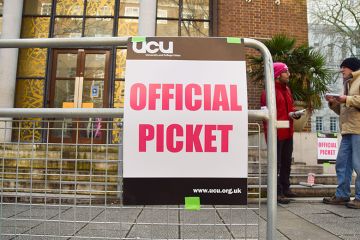 UCU official picket sign during strike. UCU official picket sign during strike.