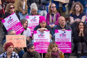 UCU members at Edinburgh University gather for a rally in George Square, Edinburgh, at the start of a planned five-day walk-out in a dispute over plans to cut £140 million from the university budget, 8 September, 2025. 