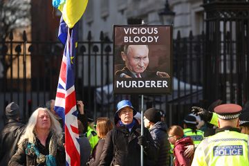 Demonstrators attend a rally in support of Ukraine opposite Downing Street on 2 March 2025 in London, England. To illustrate number of Russians coming to the UK for study has ‘collapsed’ during war in Ukraine, with Russians feeling they are not welcome Demonstrators attend a rally in support of Ukraine opposite Downing Street on 2 March 2025 in London, England. To illustrate number of Russians coming to the UK for study has ‘collapsed’ during war in Ukraine, with Russians feeling they are not welcome