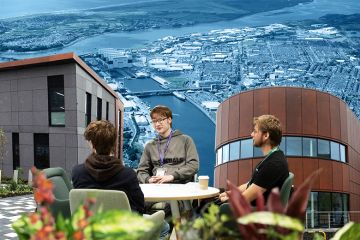 Montage of images from the new University of Cumbria outpost in Barrow, Cumbria, with an aerial view of Barrow in the background.