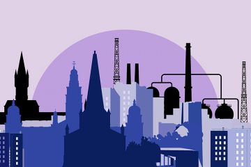Illustration of university spires with cityscape and industrial buildings, illustrating that universities should become more integrated with local industry and community. 