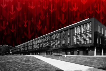 Campus of the University of the West of Scotland with downward arrows in the background to suggest a budget deficit Campus of the University of the West of Scotland with downward arrows in the background to suggest a budget deficit