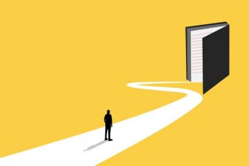 A businessman takes a winding path towards an open book, symbolising university recruitment